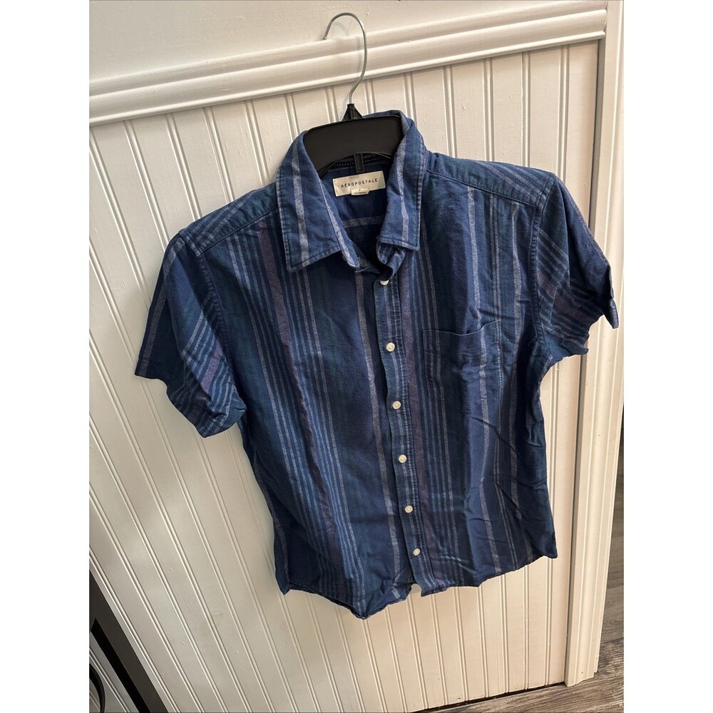 Aeropostale Shirt Blue Small striped S/S Junior Woman Button UP Pocket Chest 40"